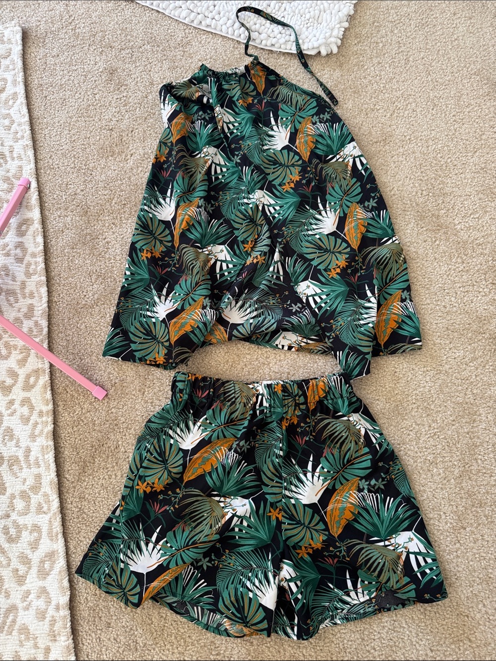 Tropical Leaf Print Tank & Shorts Set in Green, White, Orange